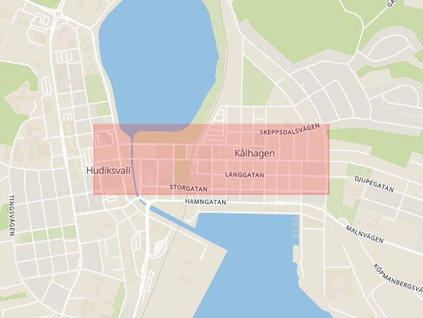 Karta som med röd fyrkant ramar in Trädgårdsgatan, Hudiksvall, Gävleborgs län