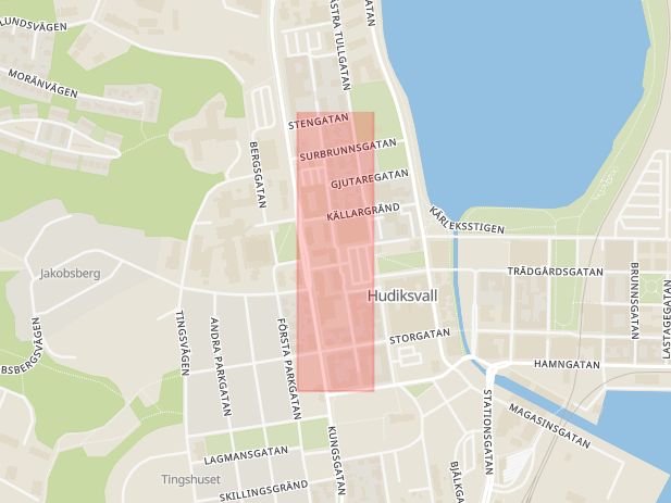 Karta som med röd fyrkant ramar in Norra Kyrkogatan, Hudiksvall, Gävleborgs län