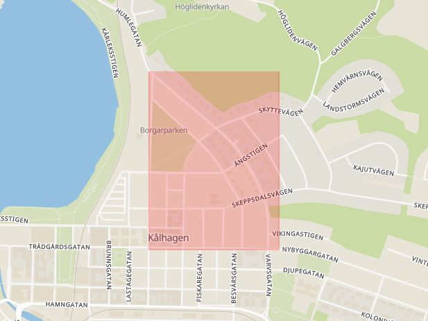 Karta som med röd fyrkant ramar in Breda Gatan, Hudiksvall, Gävleborgs län