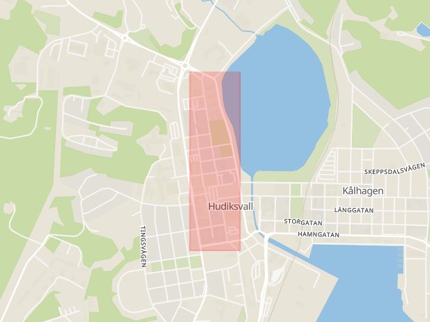 Karta som med röd fyrkant ramar in Västra Tullgatan, Hudiksvall, Gävleborgs län