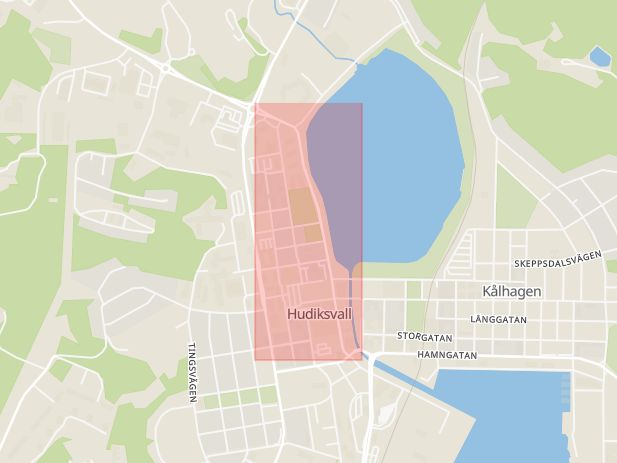 Karta som med röd fyrkant ramar in Drottninggatan, Hudiksvall, Gävleborgs län