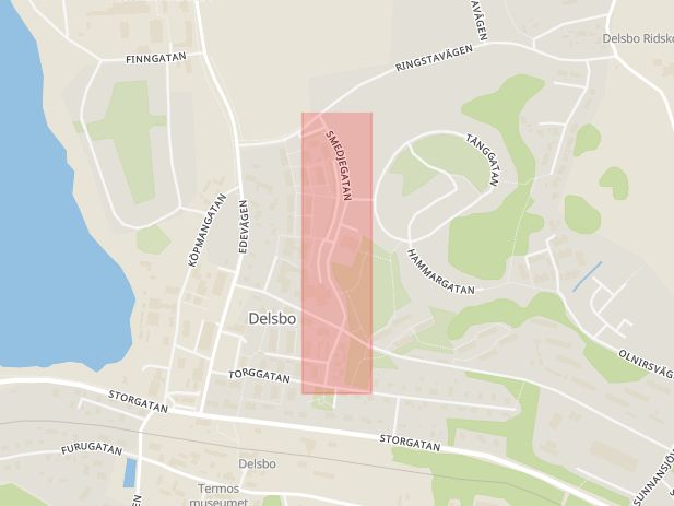 Karta som med röd fyrkant ramar in Smedjegatan, Hudiksvall, Gävleborgs län