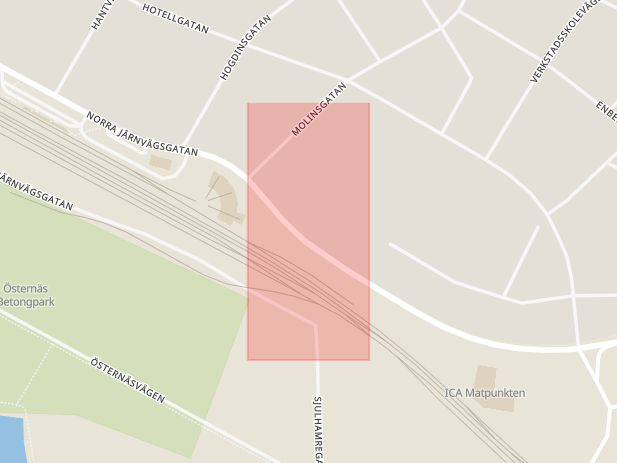 Karta som med röd fyrkant ramar in Tingsgatan, Norra Järnvägsgatan, Ljusdal, Gävleborgs län