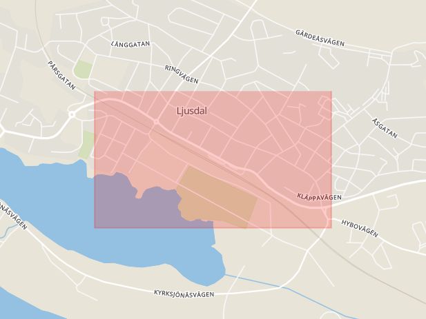 Karta som med röd fyrkant ramar in Norra Järnvägsgatan, Bollnäs, Ljusdal, Gävleborgs län