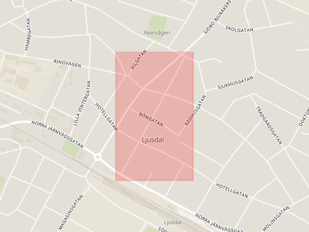 Karta som med röd fyrkant ramar in Tingsgatan, Ljusdal, Gävleborgs län