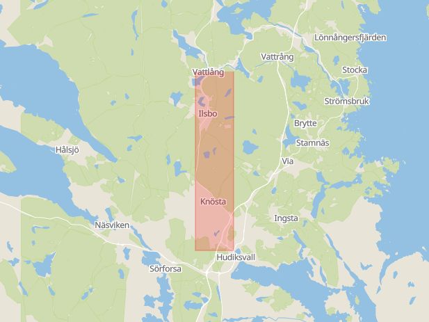 Karta som med röd fyrkant ramar in Bergsjövägen, Sanna, Hudiksvall, Gävleborgs län