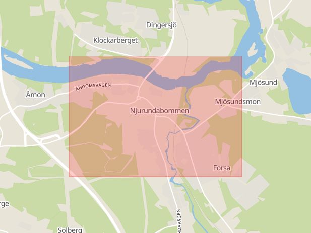 Karta som med röd fyrkant ramar in Njurundabommen, Sundsvall, Västernorrlands län