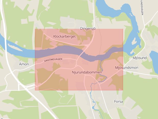 Karta som med röd fyrkant ramar in Njurunda, Högsta, Sundsvall, Västernorrlands län