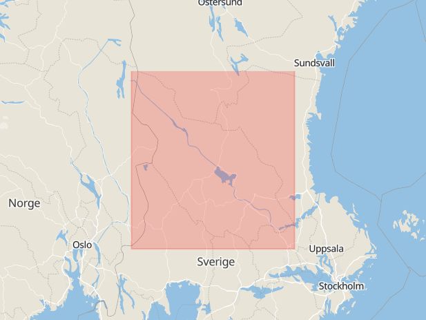 Karta som med röd fyrkant ramar in Borlänge, Hagavägen, Ludvika, Grängesberg, Furuvägen, Kanonvägen, Våmhus, Dalarna, Dalarnas län