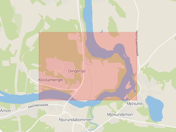 Karta som med röd fyrkant ramar in Dingersjö, Sundsvall, Västernorrlands län
