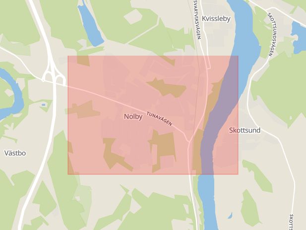 Karta som med röd fyrkant ramar in Nolby, Motorstadion, Sundsvall, Västernorrlands län