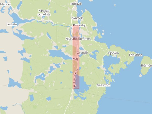 Karta som med röd fyrkant ramar in Njurundavägen, Njurundabommen, Klockarberget, Sundsvall, Västernorrlands län