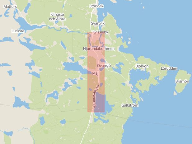 Karta som med röd fyrkant ramar in Njurundavägen, Sundsvall, Västernorrlands län