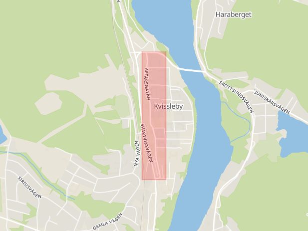 Karta som med röd fyrkant ramar in Affärsgatan, Kvissleby, Sundsvall, Västernorrlands län