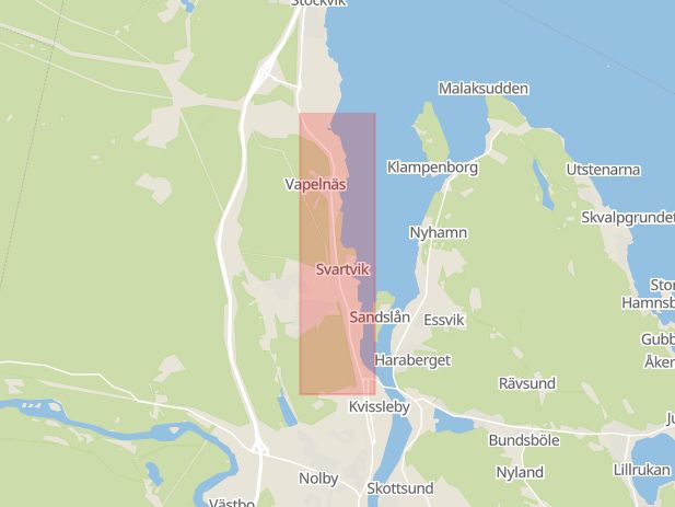Karta som med röd fyrkant ramar in Svartviksvägen, Kvissleby, Sundsvall, Västernorrlands län