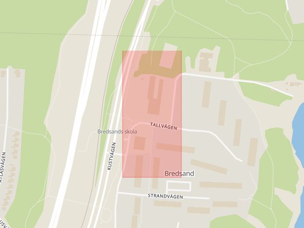 Karta som med röd fyrkant ramar in Bredsands Skola, Sundsvall, Västernorrlands län