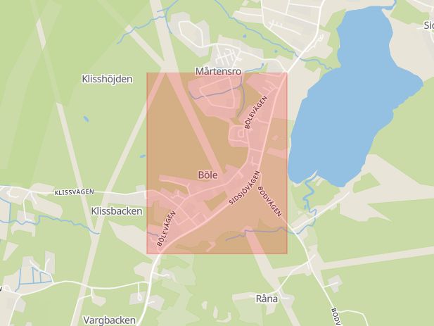 Karta som med röd fyrkant ramar in Bölevägen, Sidsjö, Sundsvall, Västernorrlands län