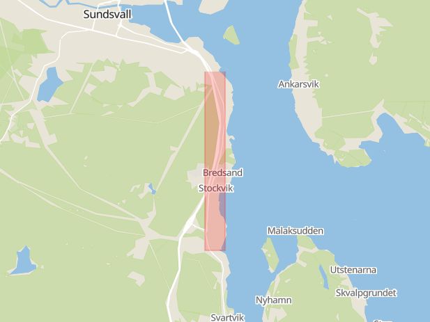 Karta som med röd fyrkant ramar in Kustvägen, Svartvik, Sundsvall, Västernorrlands län