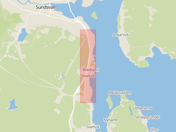 Karta som med röd fyrkant ramar in Kustvägen, Sundsvall, Västernorrlands län