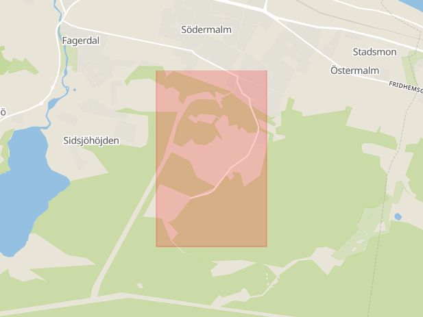Karta som med röd fyrkant ramar in Granmodalsgatan, Södermalm, Sundsvall, Västernorrlands län