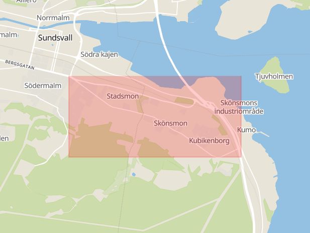 Karta som med röd fyrkant ramar in Fridhemsgatan, Sundsvall, Västernorrlands län
