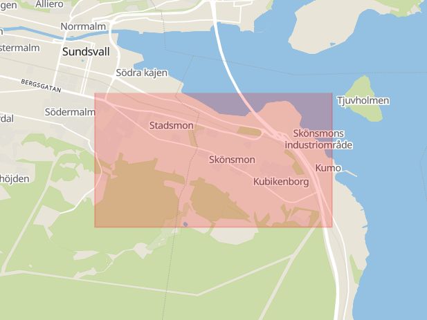 Karta som med röd fyrkant ramar in Fridhemsgatan, Inre Hamnen, Sundsvall, Västernorrlands län