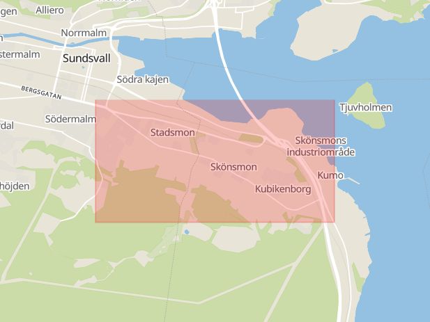 Karta som med röd fyrkant ramar in Kolsta, Fridhemsgatan, Sundsvall, Västernorrlands län