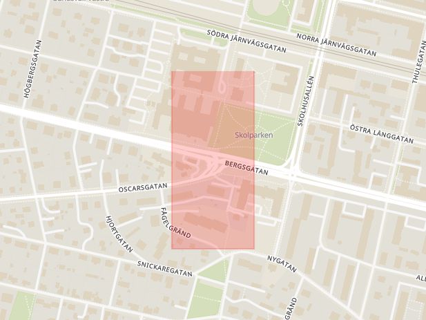 Karta som med röd fyrkant ramar in Oscarsgatan, Bergsgatan, Sundsvall, Västernorrlands län