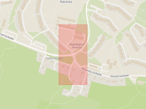 Karta som med röd fyrkant ramar in Nackstavägen, Sallyhillsvägen, Sundsvall, Västernorrlands län