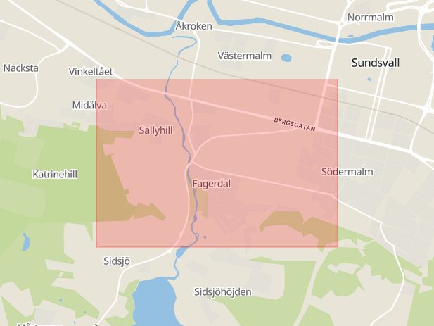 Karta som med röd fyrkant ramar in Södermalm, Sundsvall, Västernorrlands län
