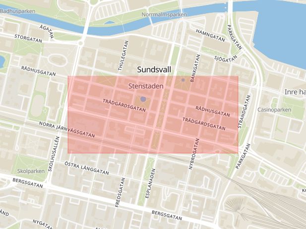 Karta som med röd fyrkant ramar in Trädgårdsgatan, Stenstan, Rådhusgatan, Storgatan, Sundsvall, Västernorrlands län