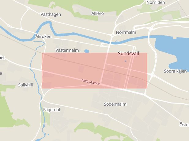 Karta som med röd fyrkant ramar in Norrmalm, Järnvägsgatan, Sundsvalls Kommun, Västernorrland län, Västernorrlands län
