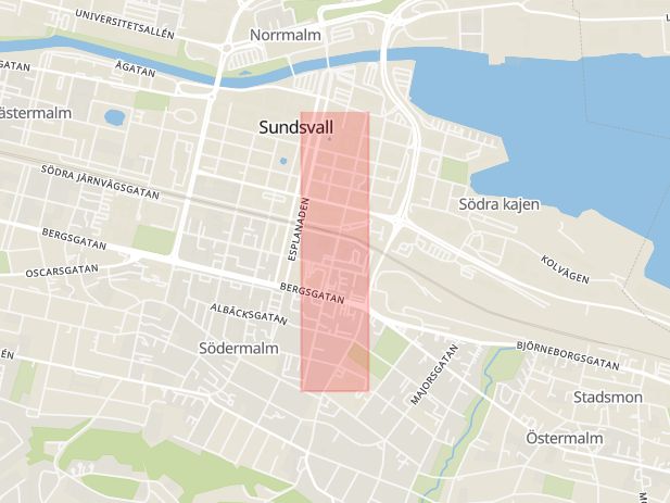 Karta som med röd fyrkant ramar in Stenstan, Nybrogatan, Sundsvall, Västernorrlands län