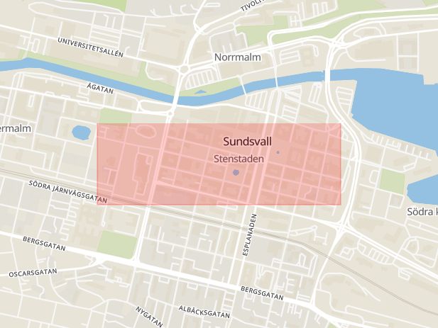 Karta som med röd fyrkant ramar in Rådhusgatan, Stenstan, Sundsvall, Västernorrlands län