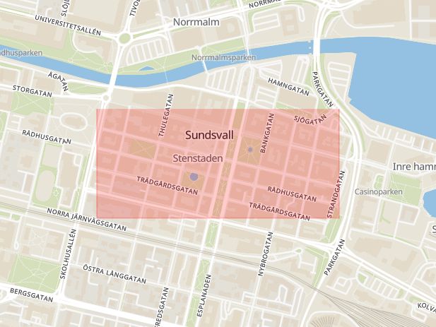 Karta som med röd fyrkant ramar in Stenstan, Kyrkogatan, Sundsvall, Västernorrlands län