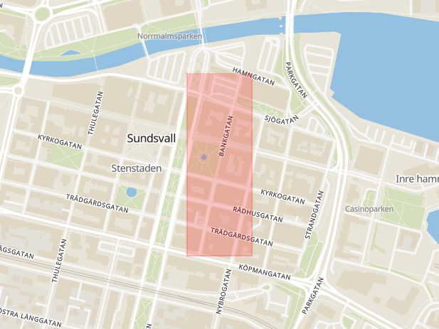 Karta som med röd fyrkant ramar in Bankgatan, Sundsvall, Västernorrlands län