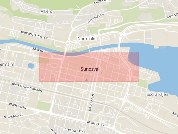 Karta som med röd fyrkant ramar in Storgatan, Stenstan, Sundsvall, Västernorrlands län