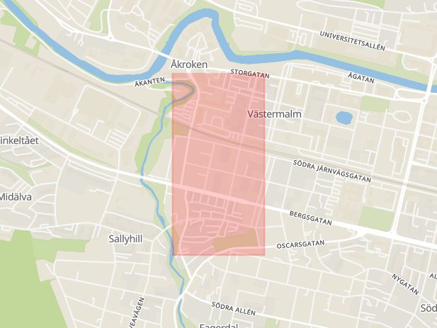 Karta som med röd fyrkant ramar in Dalgatan, Sundsvall, Västernorrlands län