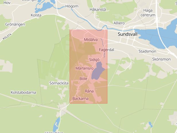 Karta som med röd fyrkant ramar in Sidsjövägen, Västernorrland, Västernorrlands län