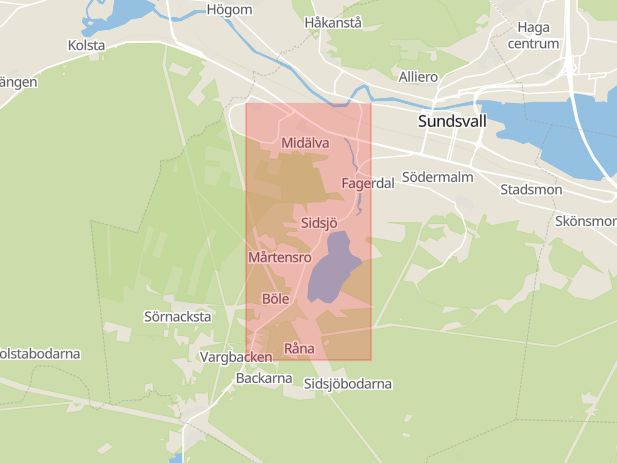 Karta som med röd fyrkant ramar in Sidsjövägen, Sundsvall, Västernorrlands län