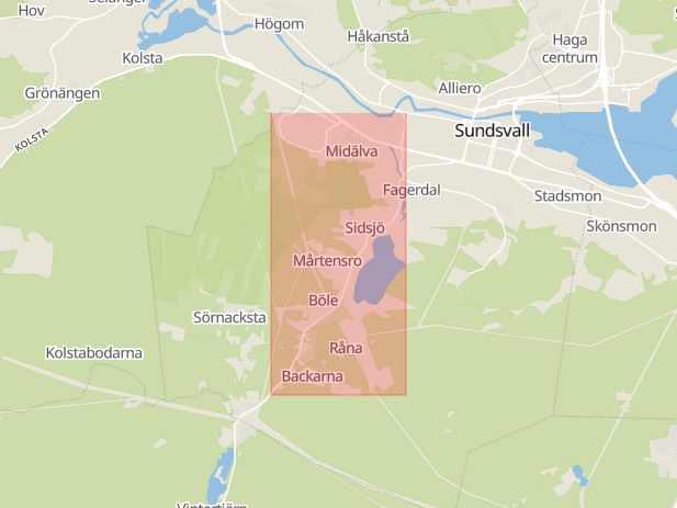 Karta som med röd fyrkant ramar in Sidsjövägen, Töva, Sundsvall, Västernorrlands län