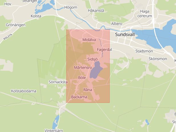 Karta som med röd fyrkant ramar in Timrå Kommun, Svetsarvägen, Sundsvall, Sidsjövägen, Sollefteå Kommun, Hallstaberget, Västernorrland län, Västernorrlands län