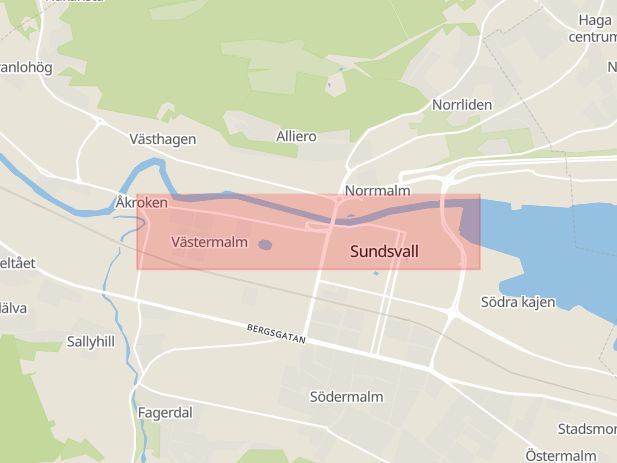 Karta som med röd fyrkant ramar in Storgatan, Sundsvall, Västernorrlands län