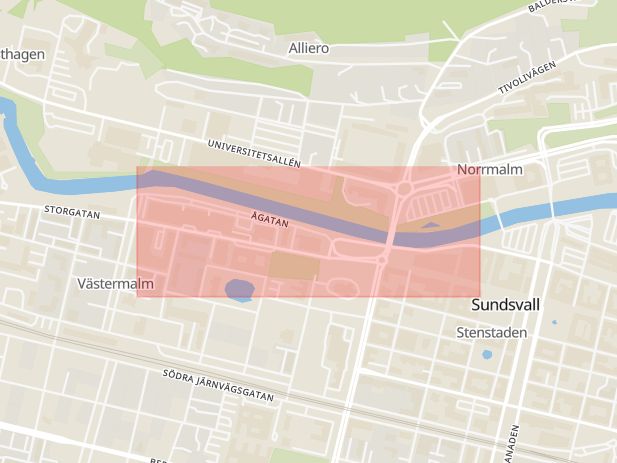 Karta som med röd fyrkant ramar in Ågatan, Sundsvall, Västernorrland län, Västernorrlands län