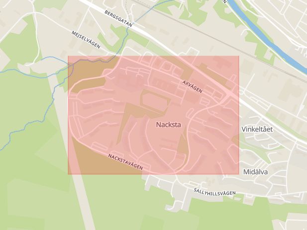 Karta som med röd fyrkant ramar in Nackstavägen, Sundsvall, Västernorrlands län