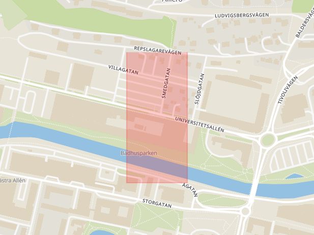 Karta som med röd fyrkant ramar in Norrmalm, Universitetsallén, Sundsvall, Västernorrlands län