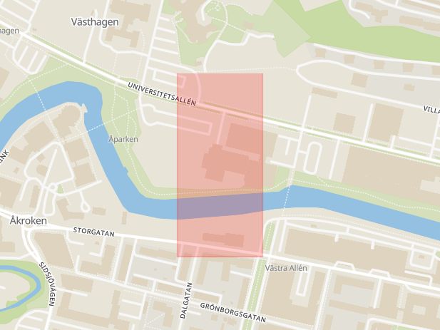 Karta som med röd fyrkant ramar in Norrmalm, Universitetsallén, Sundsvall, Västernorrlands län