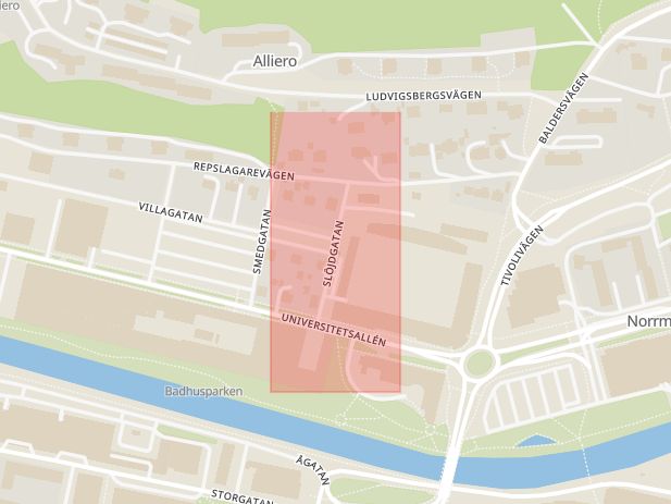 Karta som med röd fyrkant ramar in Slöjdgatan, Sundsvall, Västernorrlands län