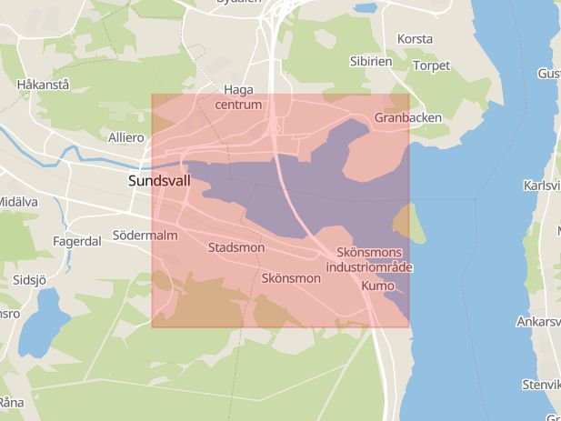 Karta som med röd fyrkant ramar in Landsvägsallén, Inre Hamnen, Sundsvall, Sidsjövägen, Veda, Utansjö, Härnösand, Häggåsen, Viksjö, Älandsbro, Fiskja, Kramfors, Västernorrland län, Västernorrlands län