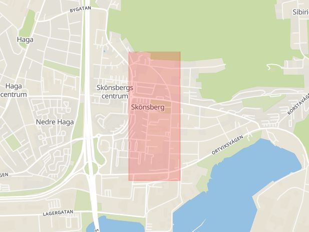 Karta som med röd fyrkant ramar in Hellbergsgatan, Sundsvall, Västernorrlands län